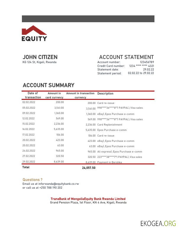 Relevé bancaire Rwanda Equity, modèle Excel et PDF